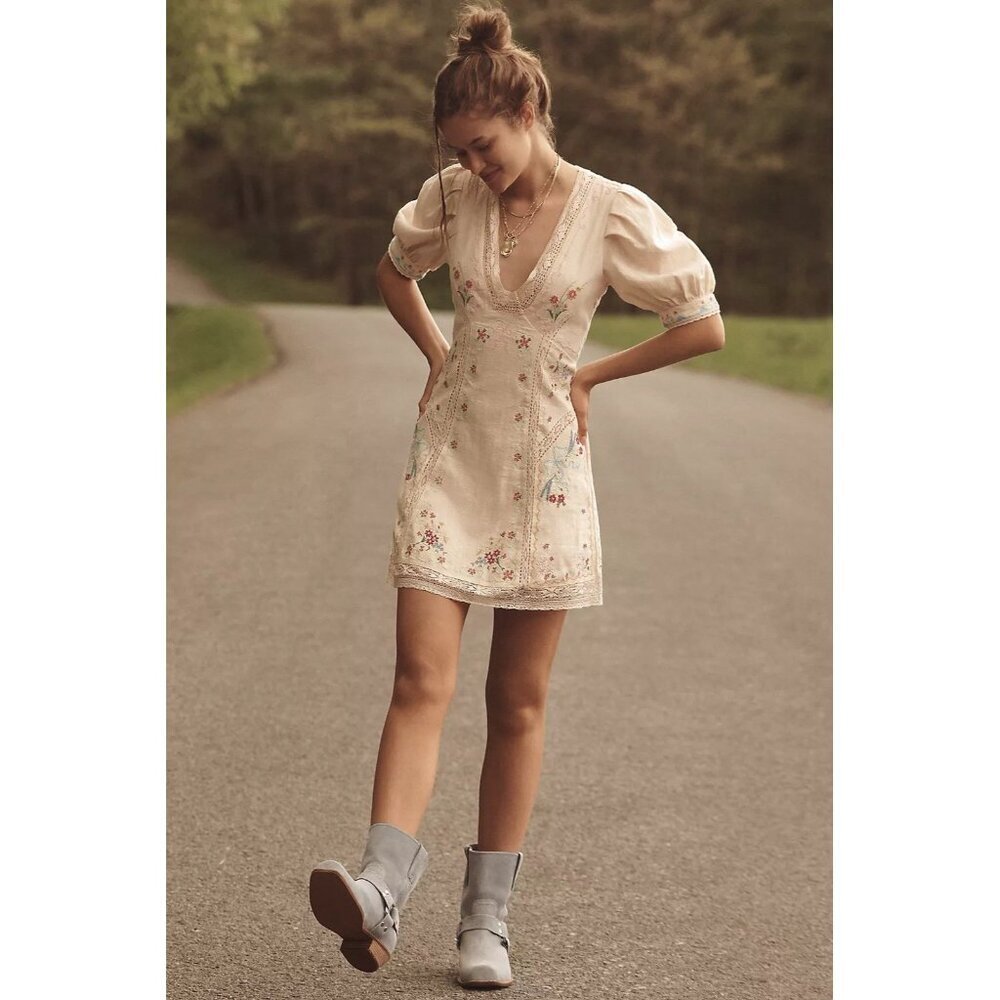 NWT Size 10-Anthro Linen Cotton Puff-Sleeve Embroidered Mini Dress (NWT US$ 228)